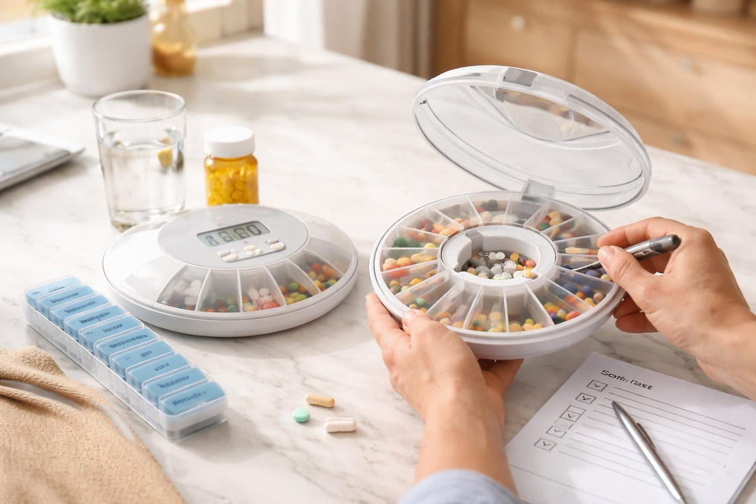 Carer troubleshooting a personal pill dispenser