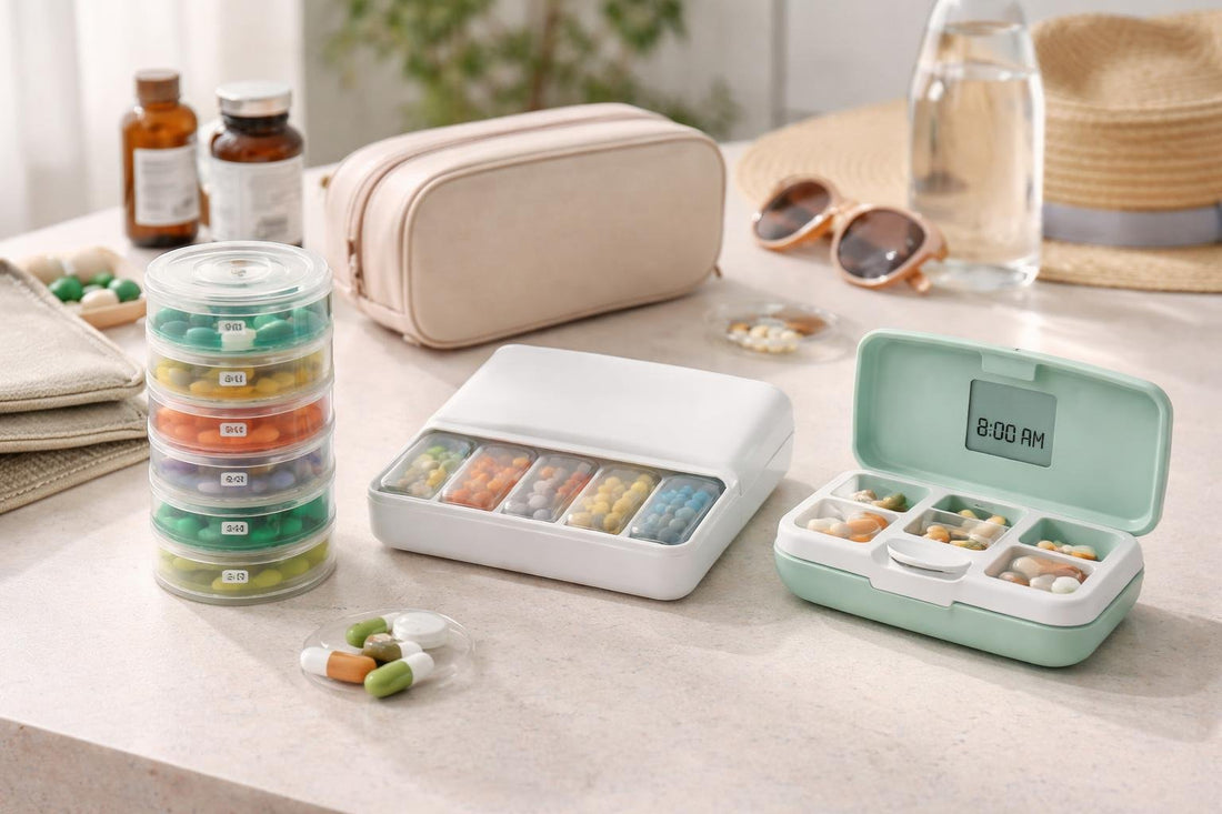 Compact travel pill dispensers on a neutral background