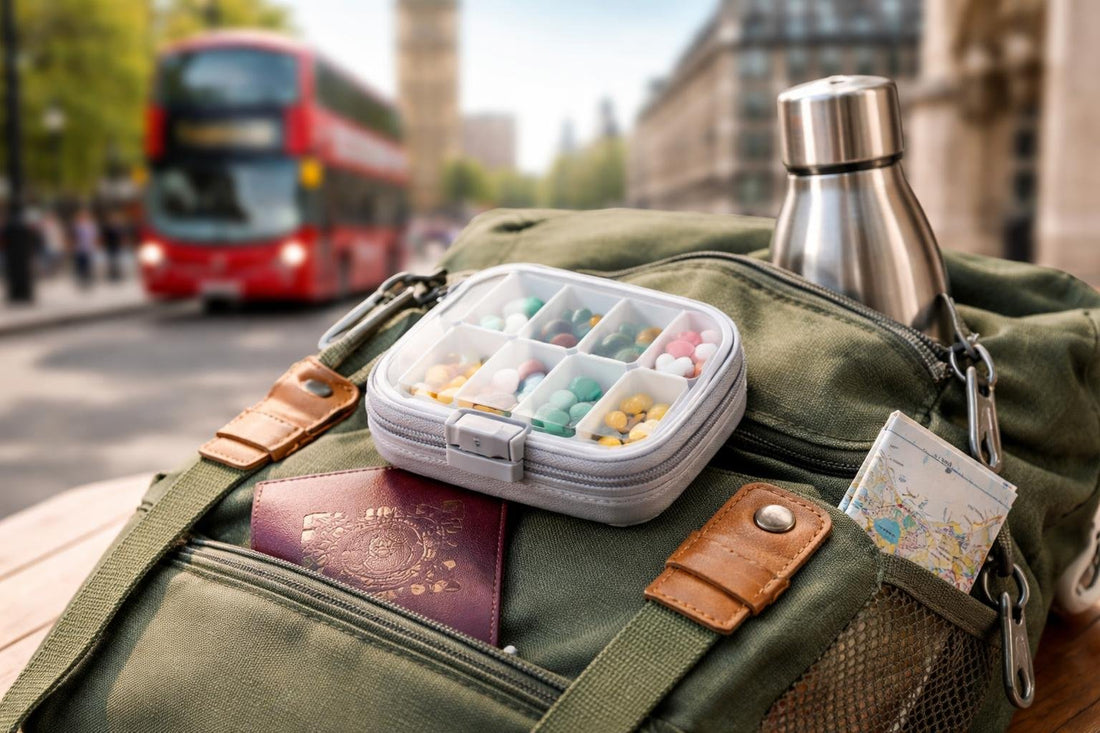 compact travel pill organiser on a backpack