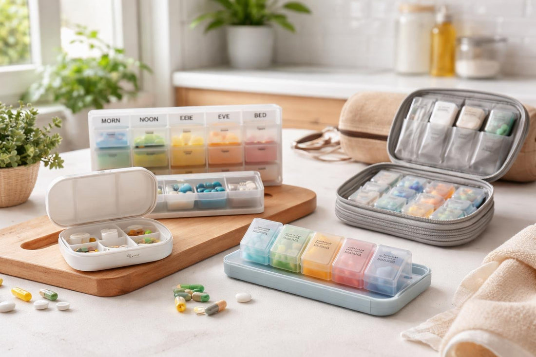 Selection of personal pill organisers for travel and home