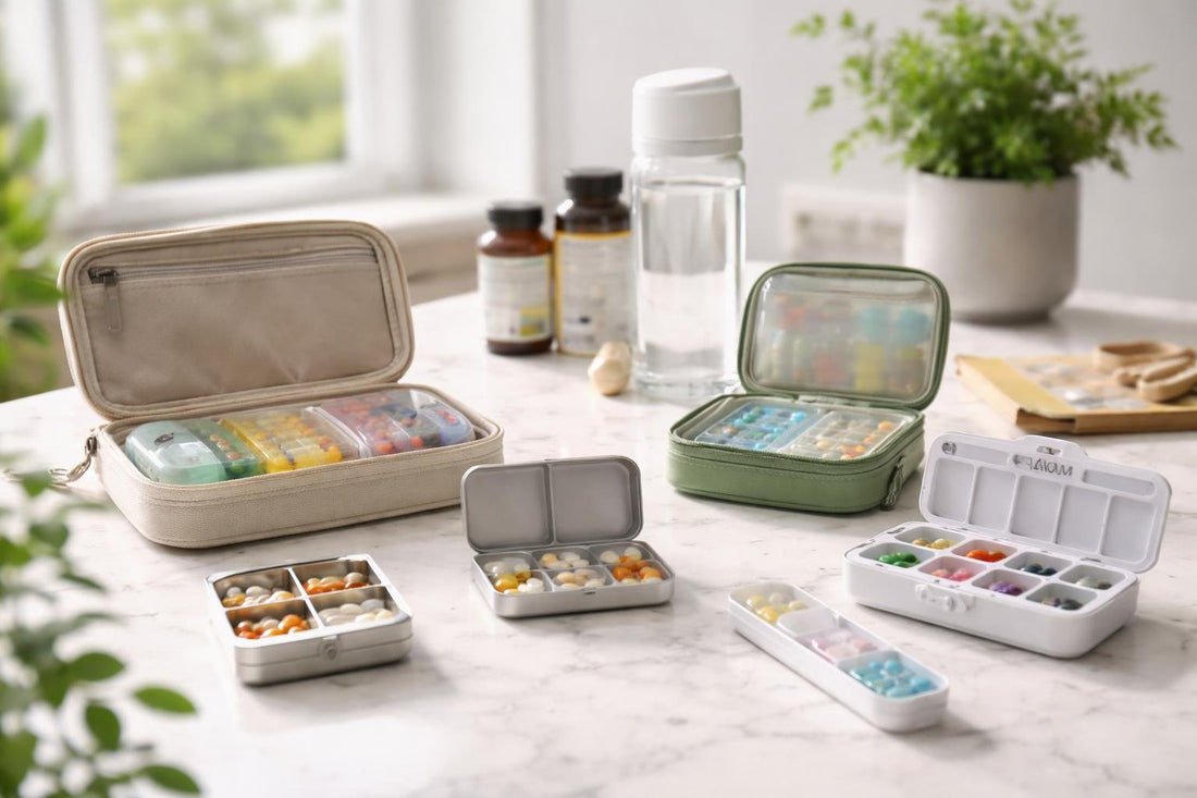 Assorted personal pill organisers in travel cases and tins
