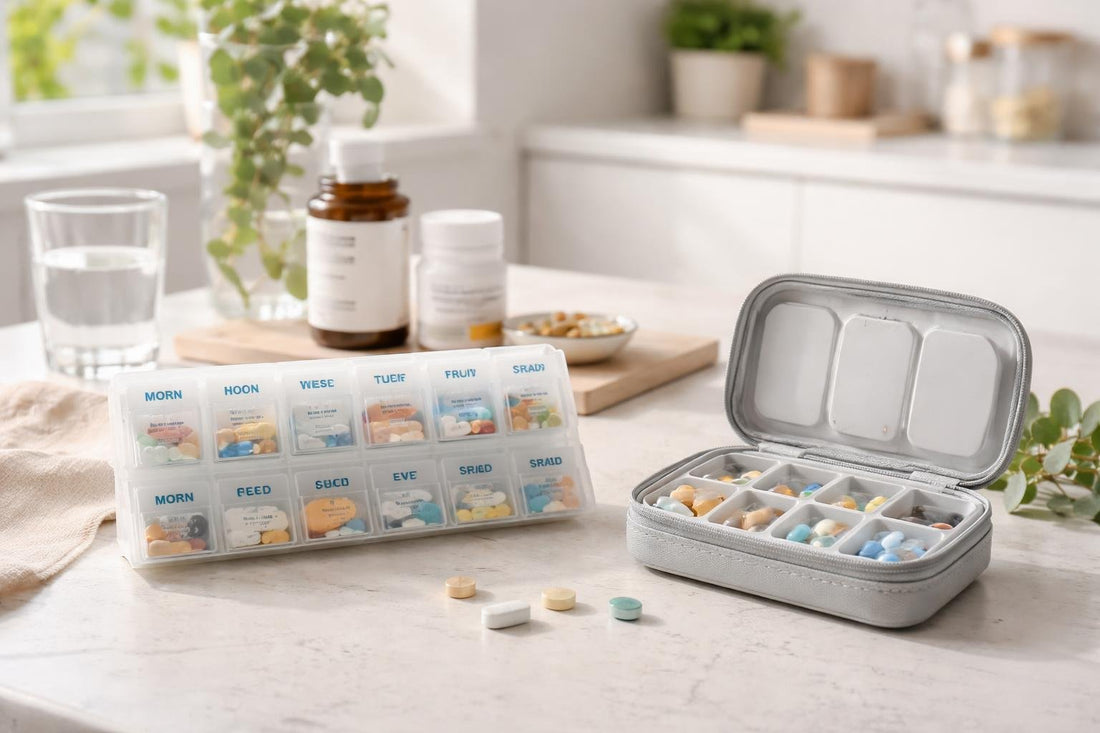 Weekly pill organiser and travel pill case on table