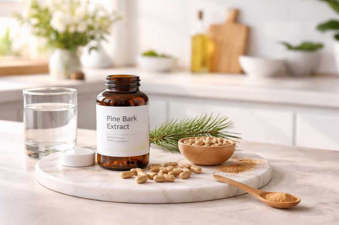 French maritime pine bark extract capsules on kitchen counter