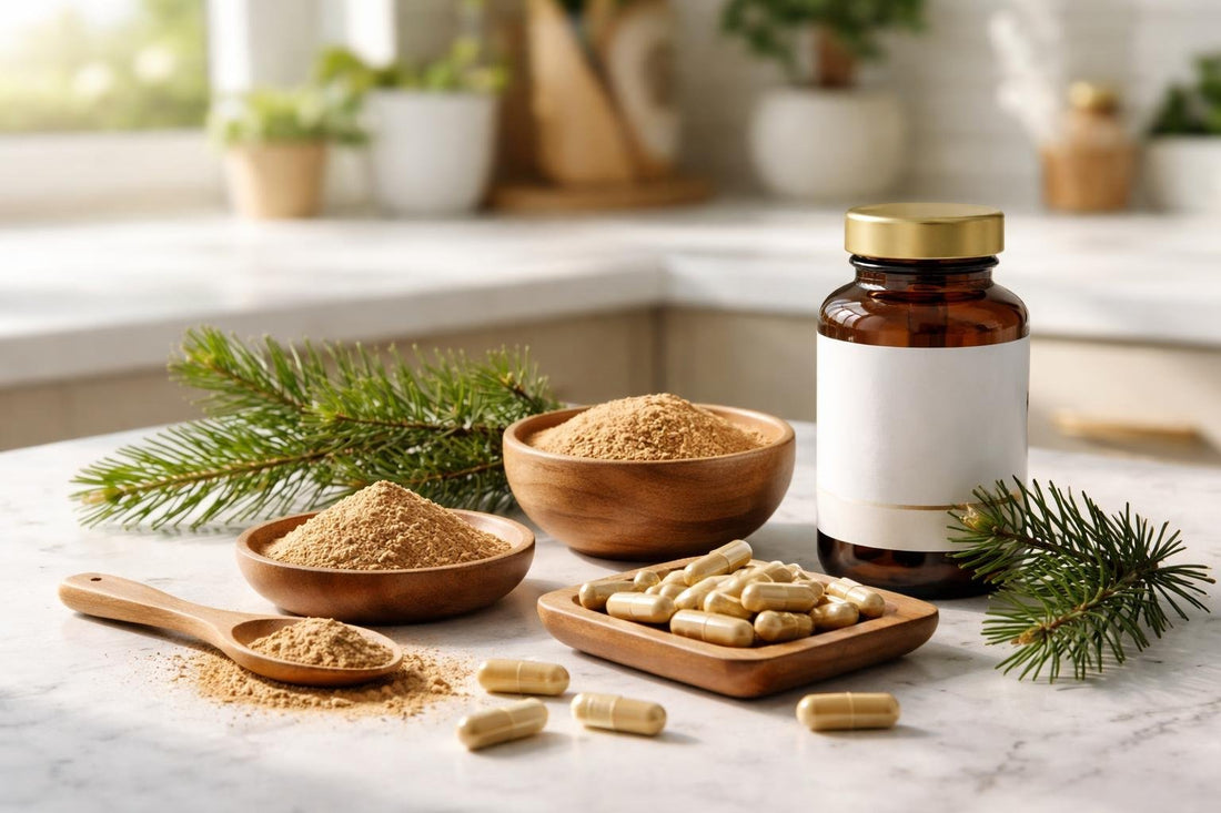 French maritime pine bark extract capsules and powder on counter