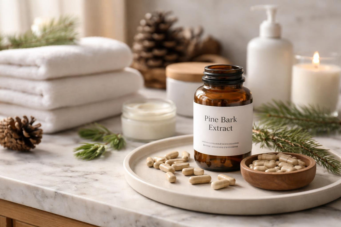 French maritime pine bark extract capsules beside winter skincare items