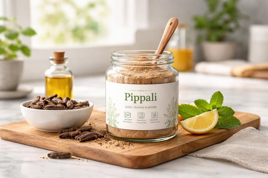 Jar of Pippali long pepper powder with spoon