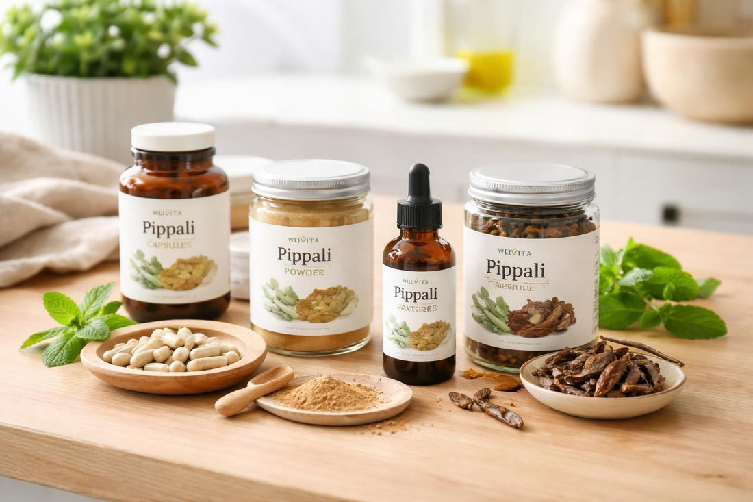 Pippali spice jars and supplement bottles on wood