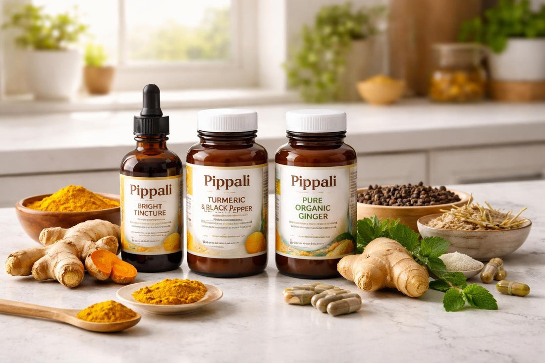 Pippali supplements next to turmeric and ginger