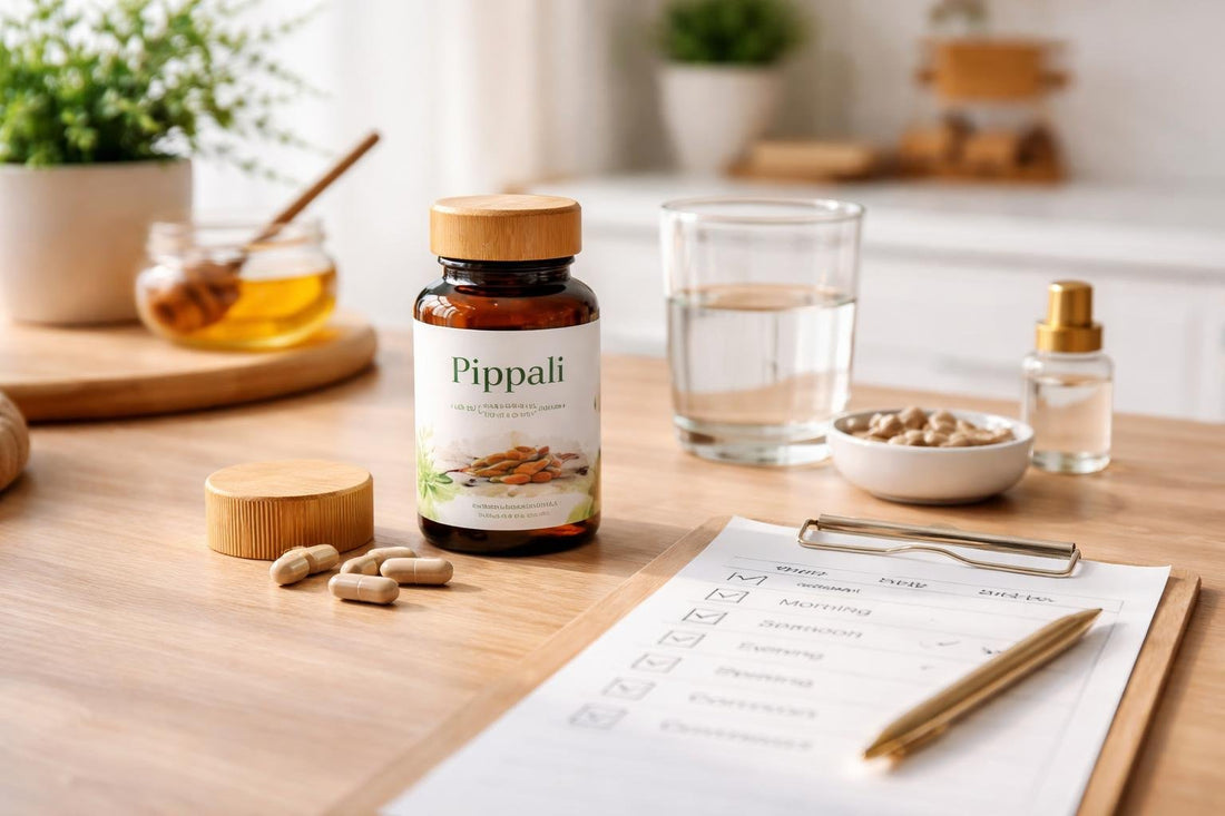 Pippali botanical supplement capsules beside a daily routine checklist