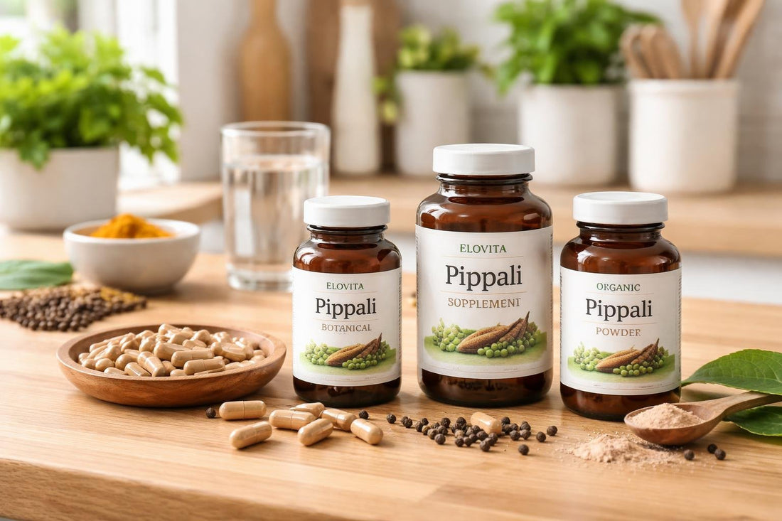Pippali supplement bottles and capsules on wooden table