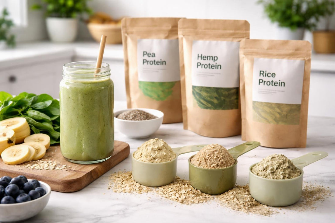 Assorted plant protein powder scoops beside smoothie ingredients