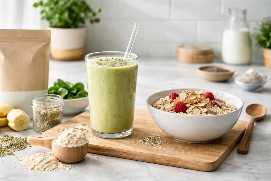 Plant protein powder smoothie and oats on a kitchen counter