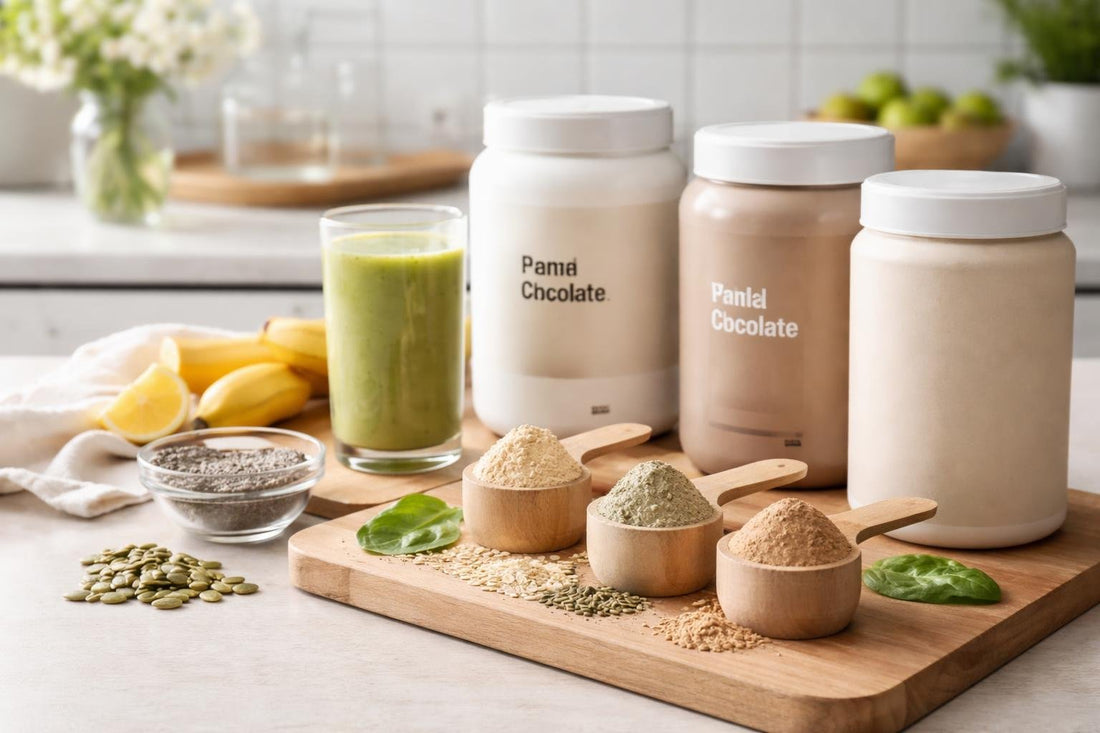 Assorted plant protein powder scoops for seasonal routines