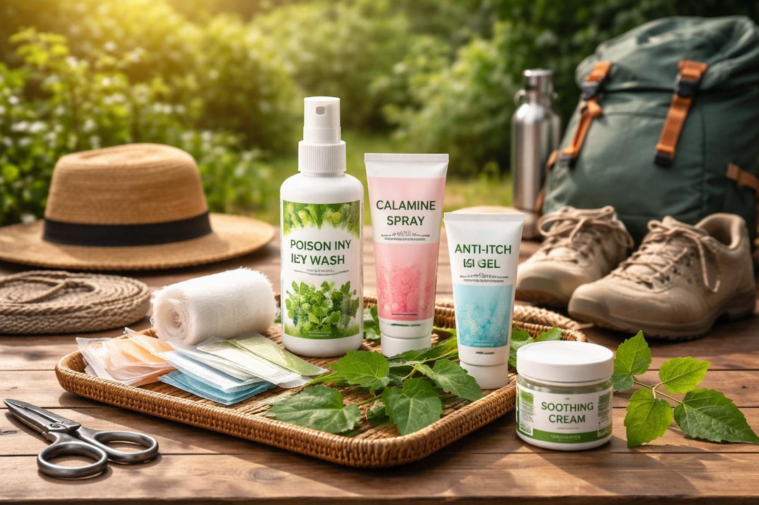 Poison ivy treatment essentials laid out for seasonal outdoor trips