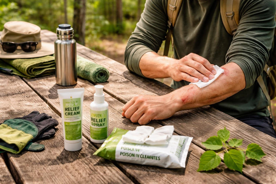 Hiker treating poison ivy rash with wipes