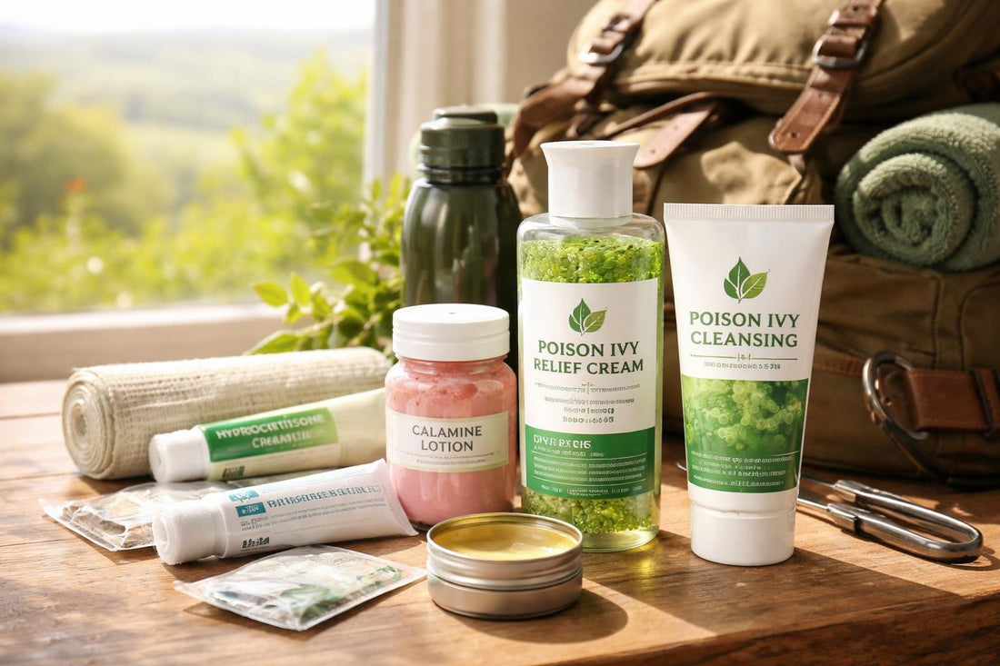 Hiker kit with poison ivy treatment essentials in countryside