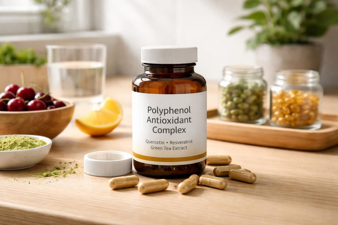 Bottle and capsules of polyphenol antioxidant supplements