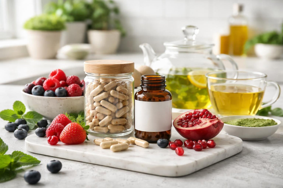 Polyphenol antioxidant supplement capsules with berries and tea