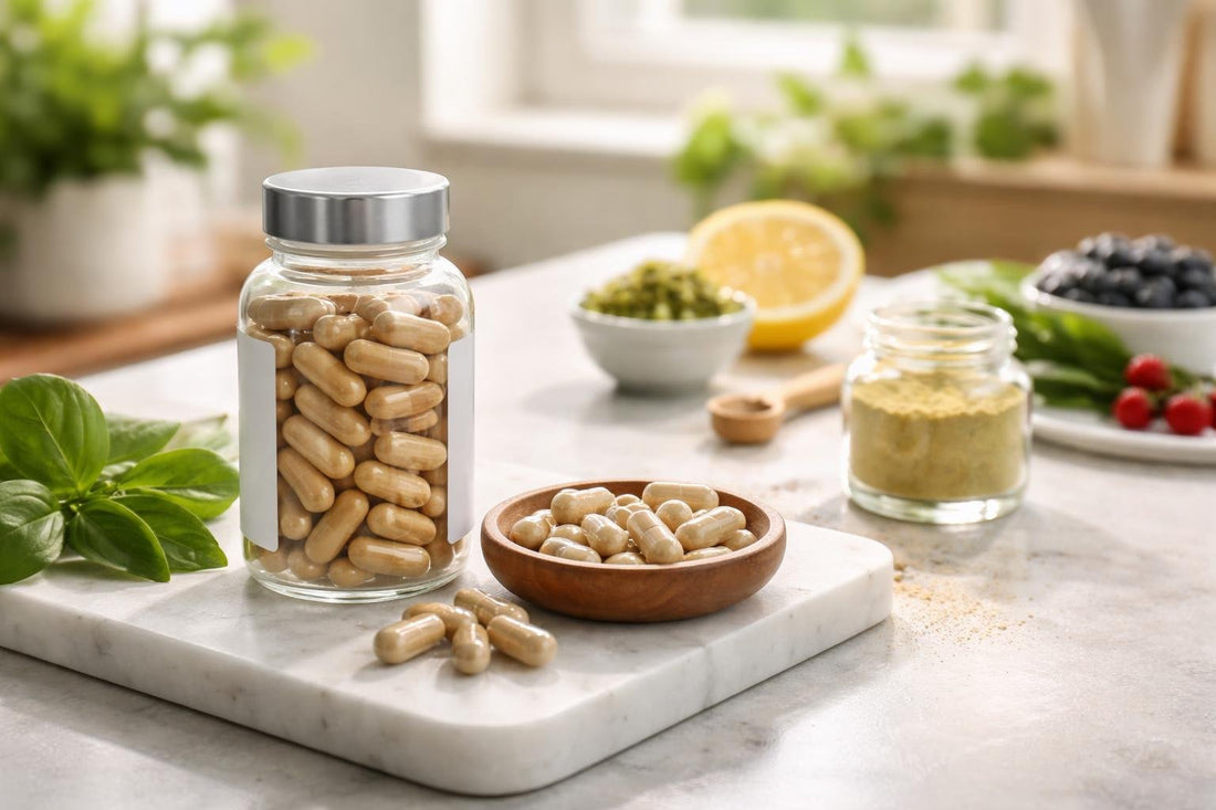 jar and capsules of polyphenol antioxidant supplements