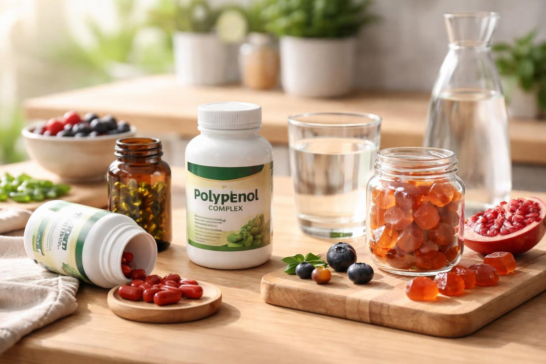 bottle and gummy supplements on wooden surface