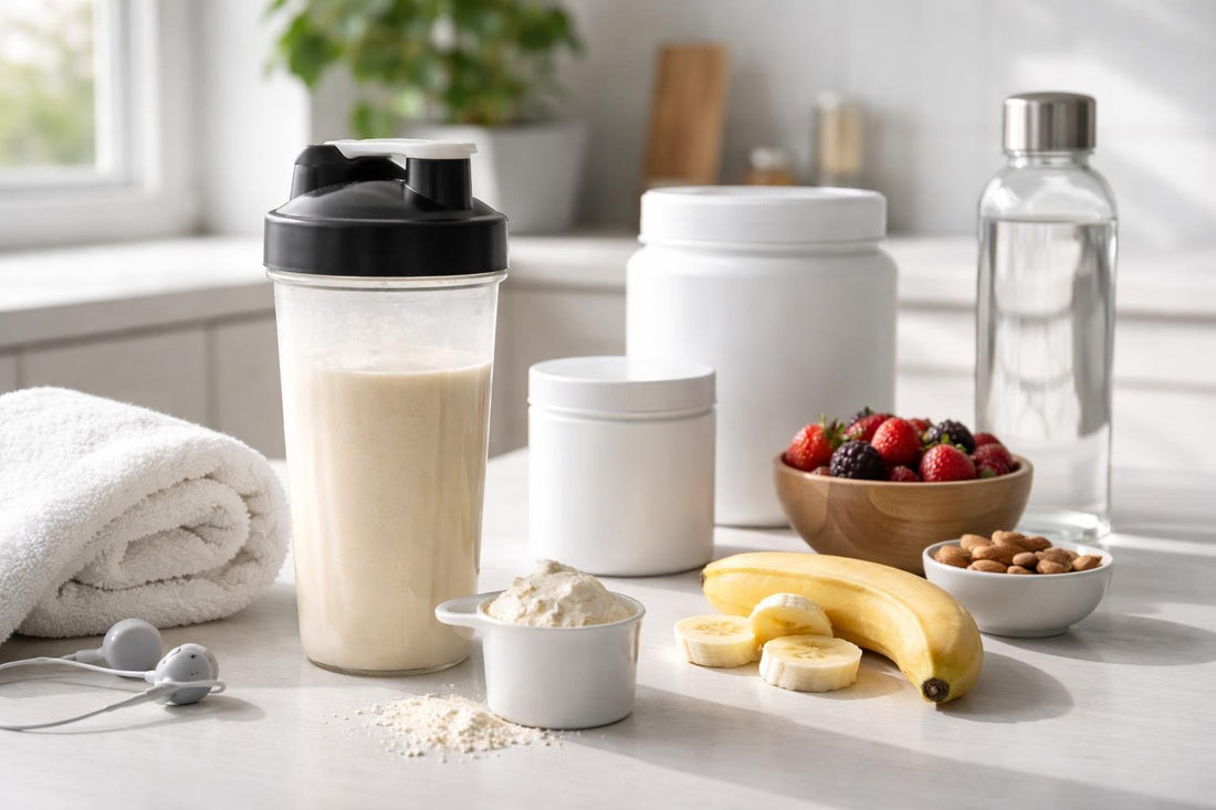 Post workout recovery nutrition shake with water and gym towel