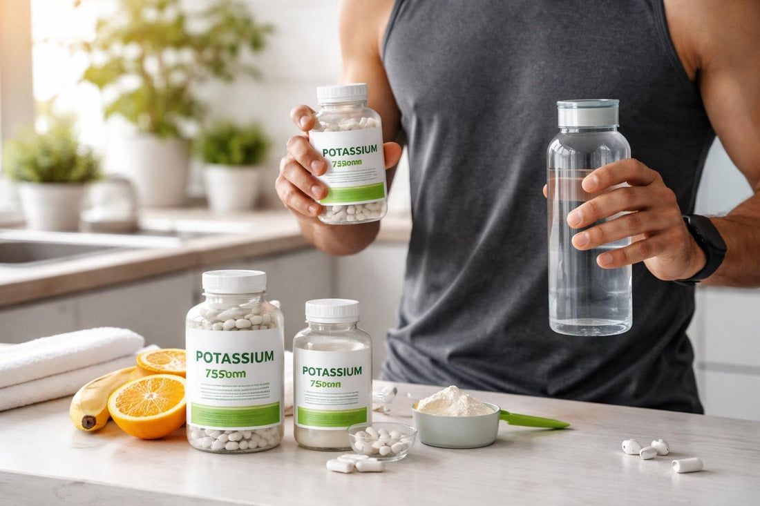 Athlete holding potassium supplement bottle and water
