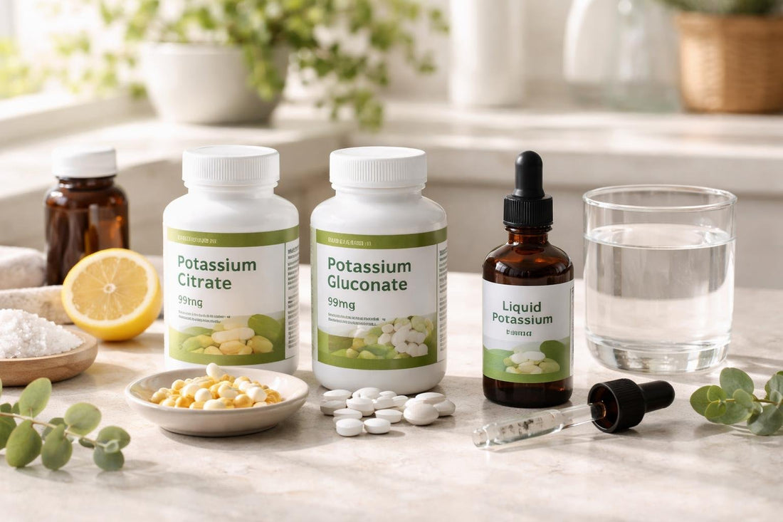 Assorted potassium supplements and drops on table