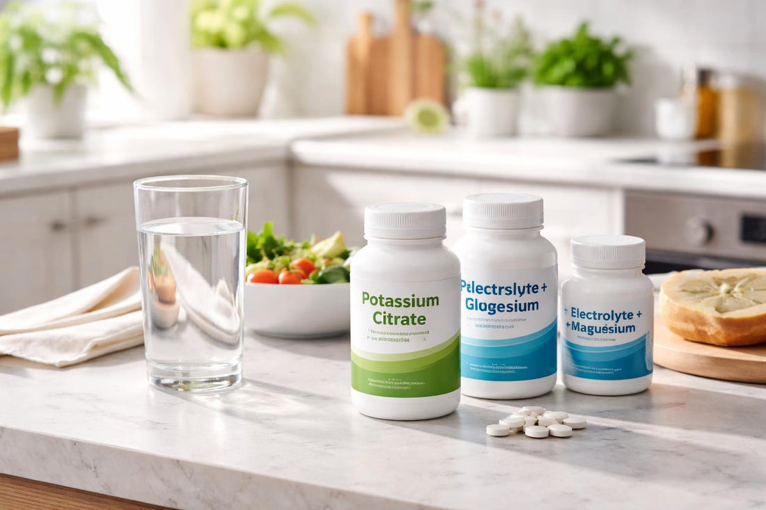 Potassium mineral supplements with water and meal on table