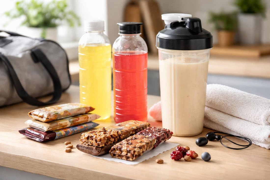 Nutrition bars and drinks laid out for workout timing