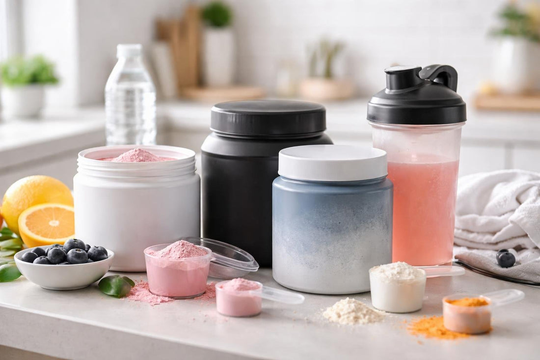 Selection of pre workout powders and scoops