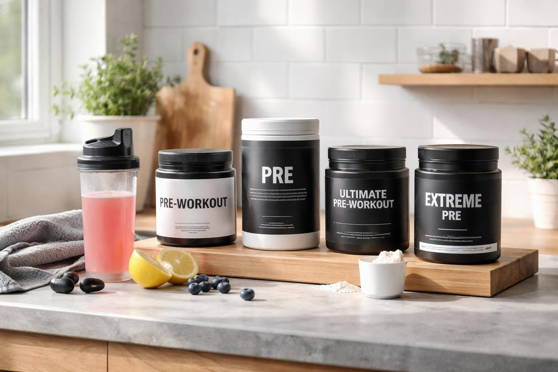 pre workout powders and tubs on shelf