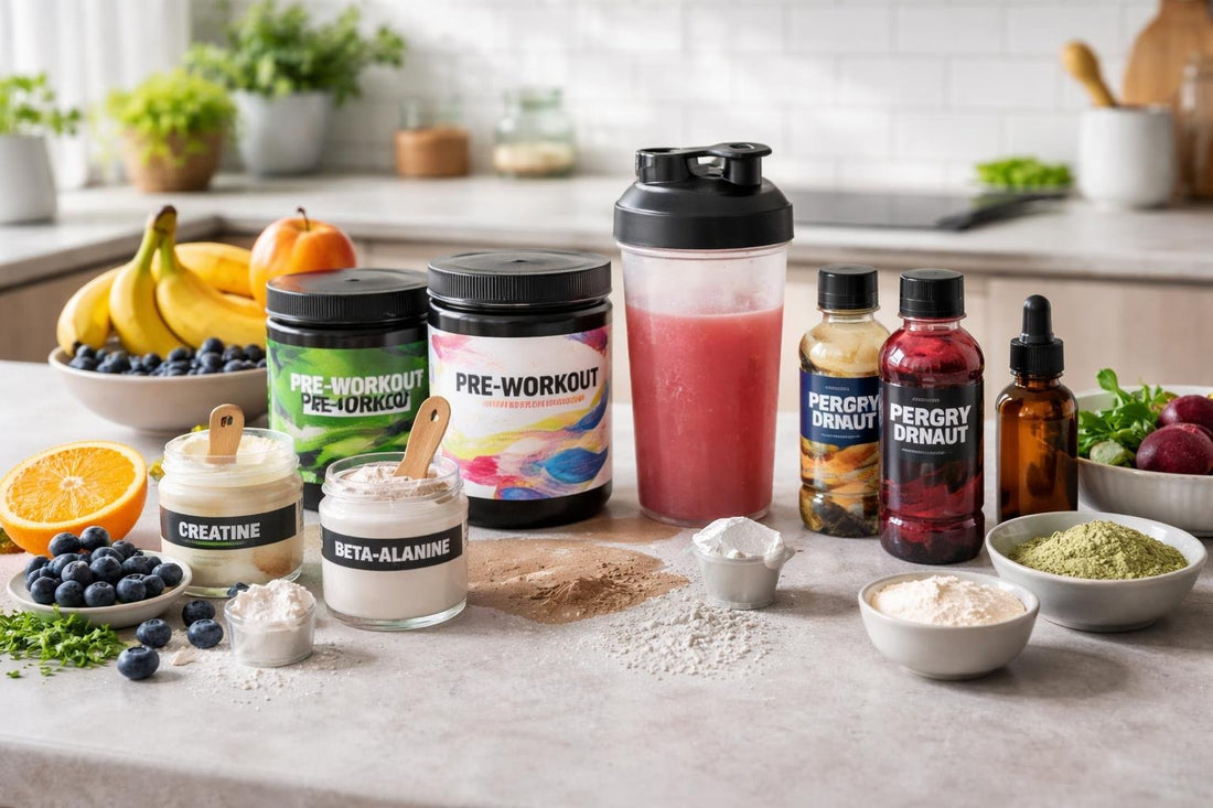 Assorted pre-workout powders and alternatives on table