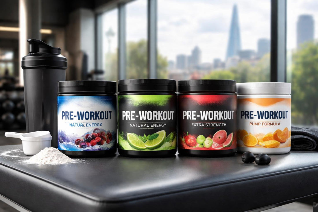 range of pre workout powders on London gym bench