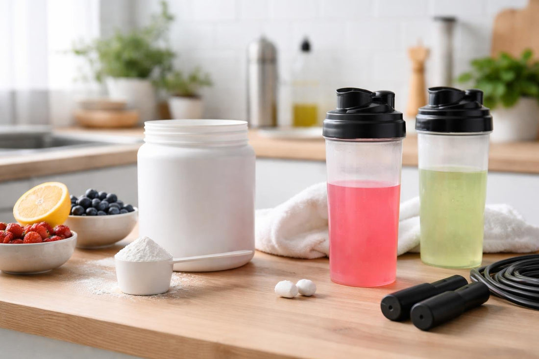 Pre workout powders mixed in shaker before gym session