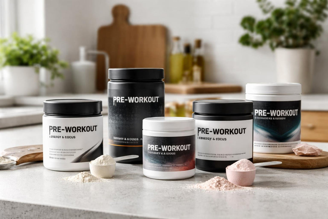 Assorted pre workout powder tubs and scoops