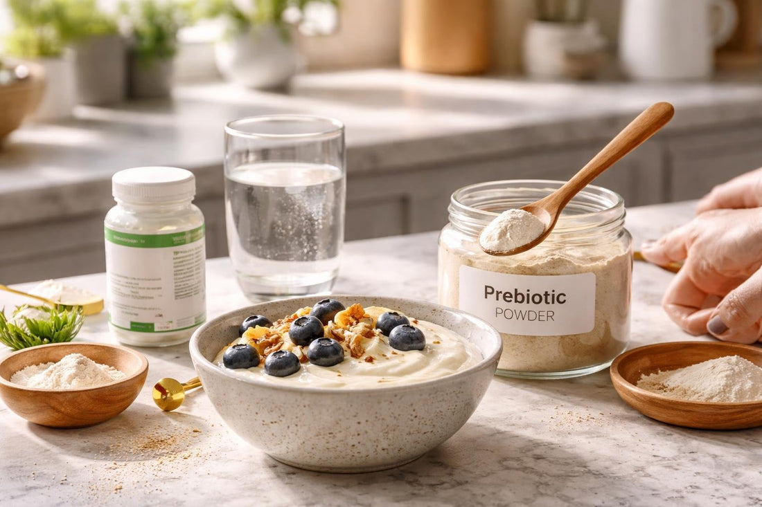 Prebiotic supplement powder mixed into yoghurt at breakfast