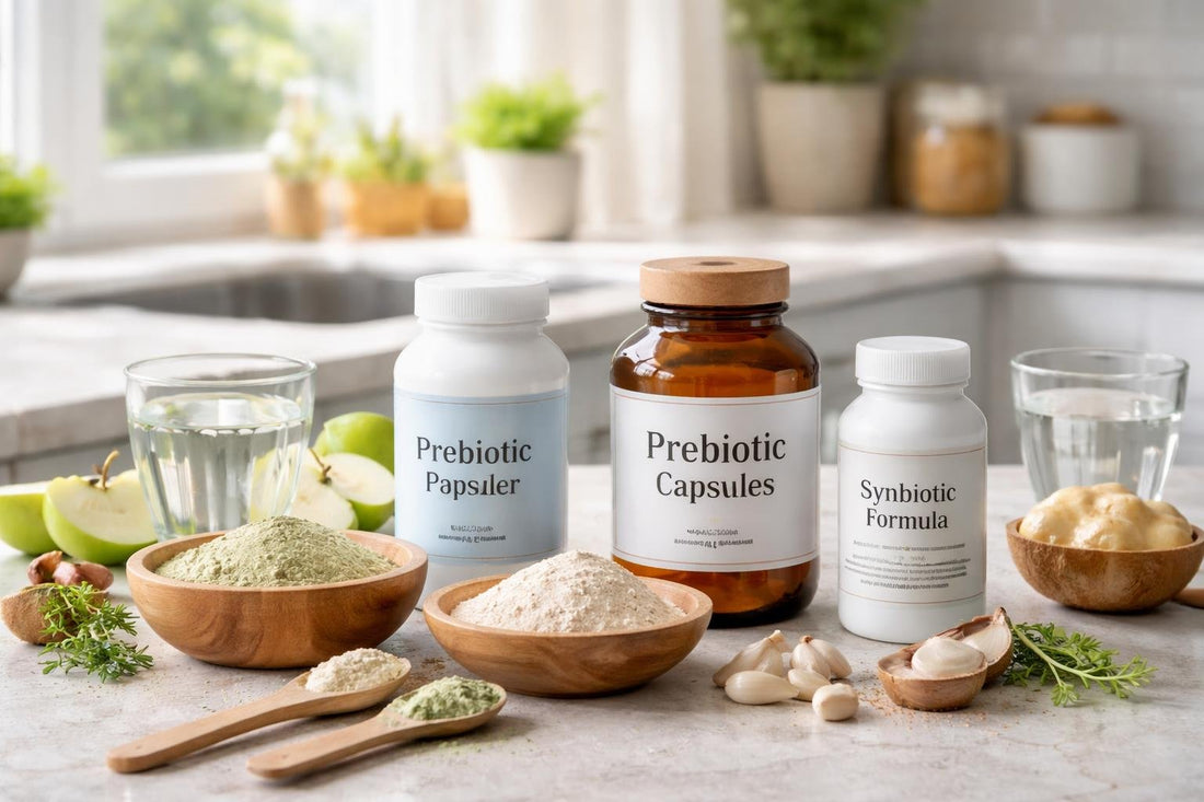 assorted prebiotic powders and supplements laid out