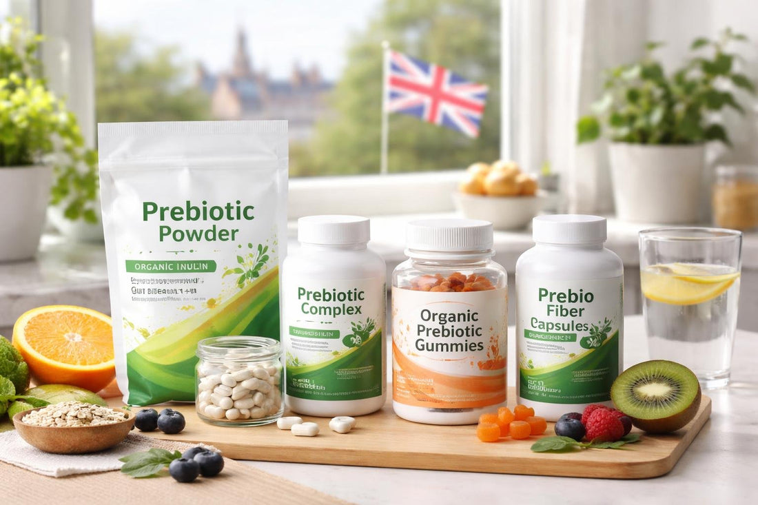 Selection of prebiotic supplements and packaging in UK