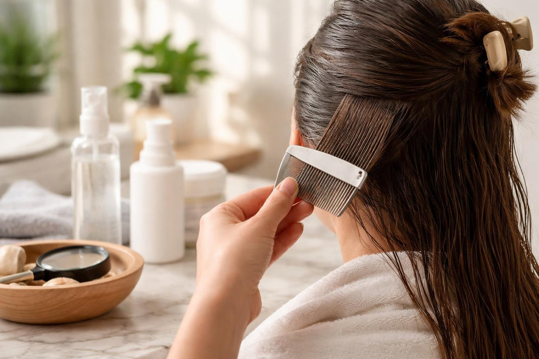 Using a precision lice comb on damp, sectioned hair