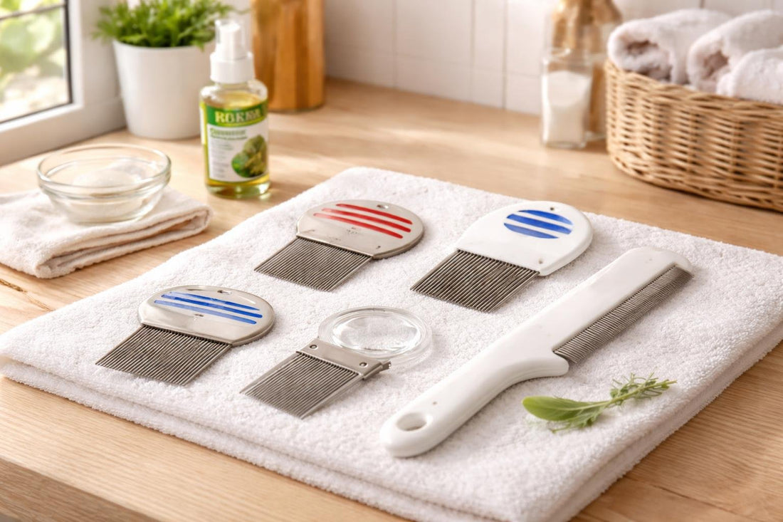 Precision lice combs and nit removal tools on table