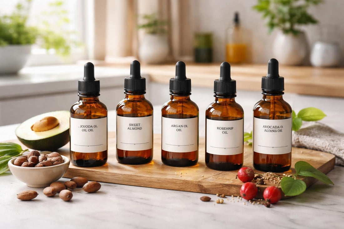 Assorted premium carrier oils in dark glass bottles
