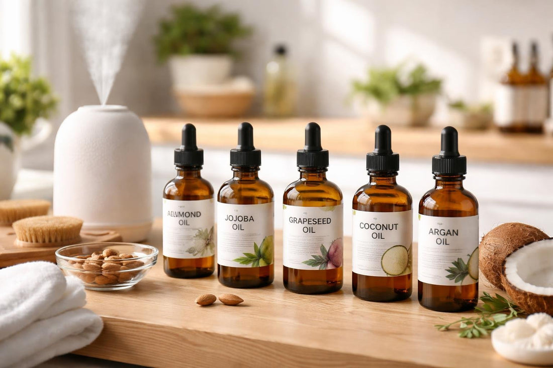 Selection of premium carrier oils and diffuser bottles on a wooden table