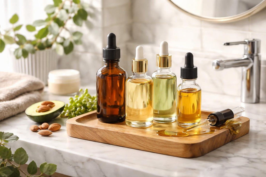 bottles of premium carrier oils and droppers