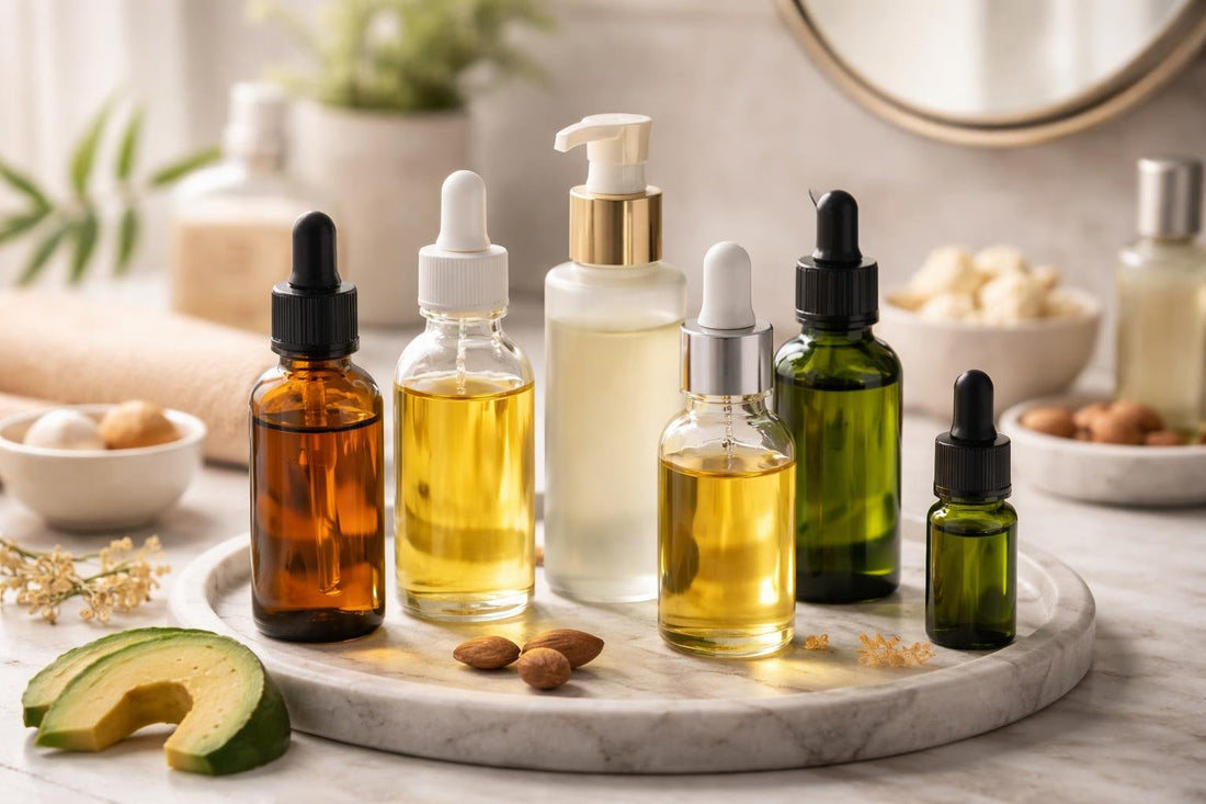Selection of premium carrier oils in glass bottles