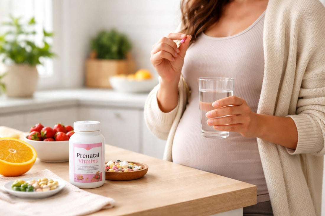 Pregnant woman taking prenatal vitamin tablet