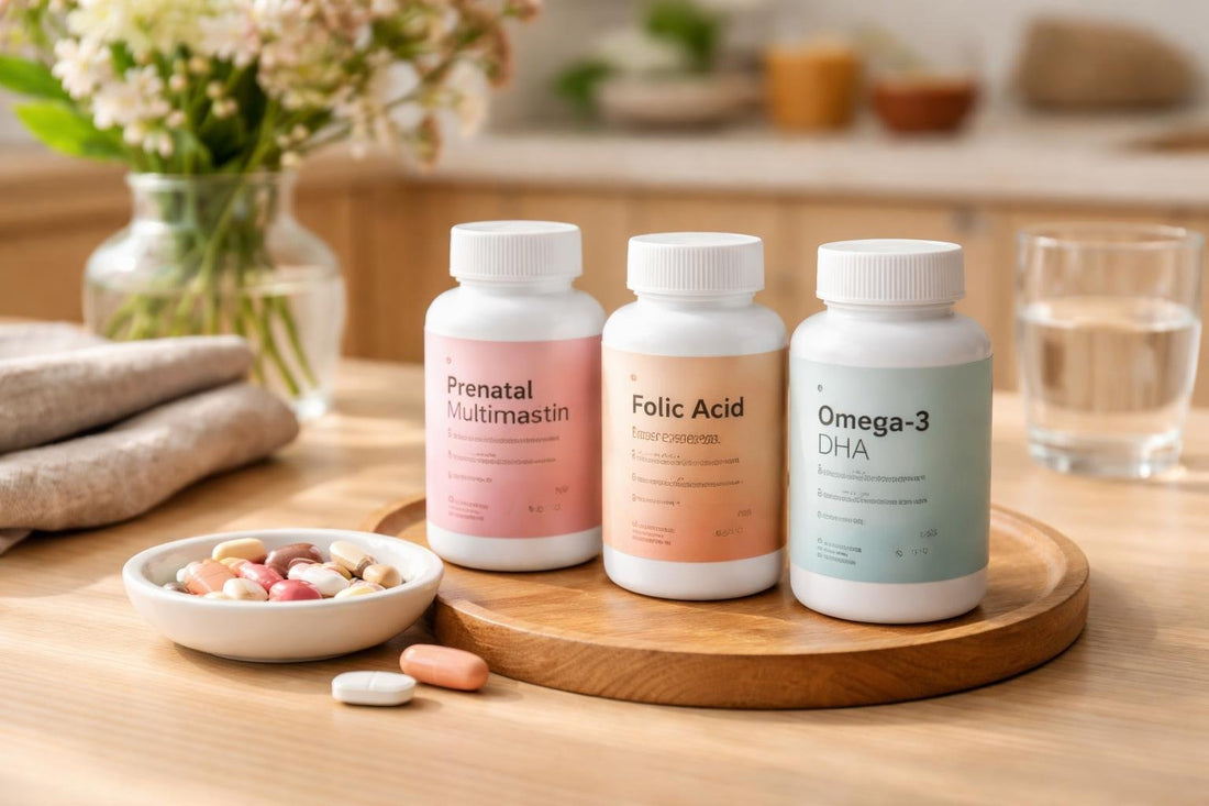 Selection of prenatal vitamins bottles on wooden table UK