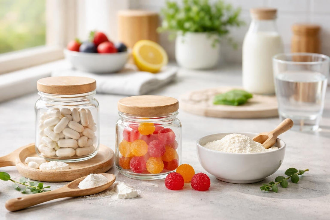 Probiotic capsules gummies and powder on a kitchen counter