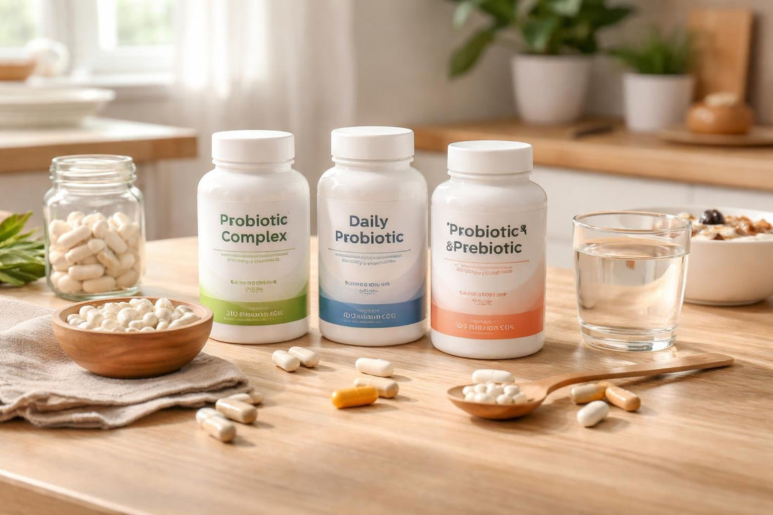Assorted probiotic supplements and capsules on wooden table