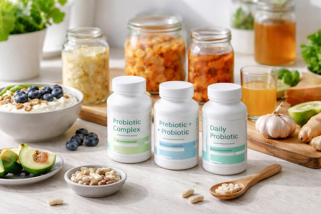 Assorted probiotic supplements and gut-friendly foods
