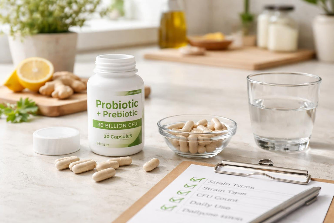 Probiotic supplement capsules and label checklist on kitchen counter